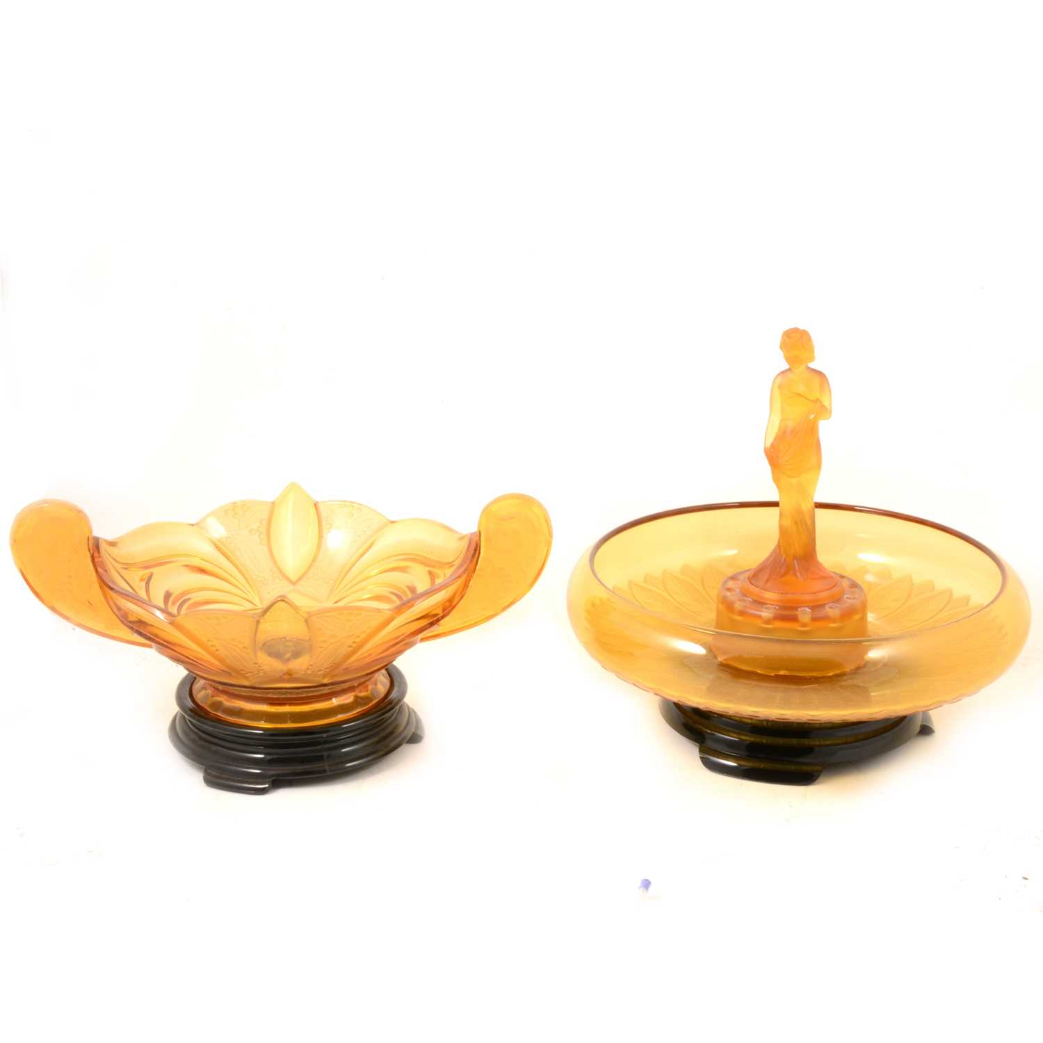 Lot 55 - 1930's amber-coloured glass table centre and twin-handled bowl.