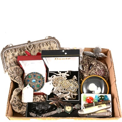 Lot 377 - Vintage accessories, dance purse, penknives, Miracle Celtic brooch, marcasite jewellery.