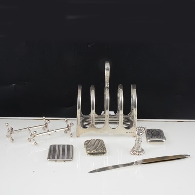 Lot 290 - Silver toast rack, W F Mitchell, Birmingham 1934 and other small silver and white metal items.