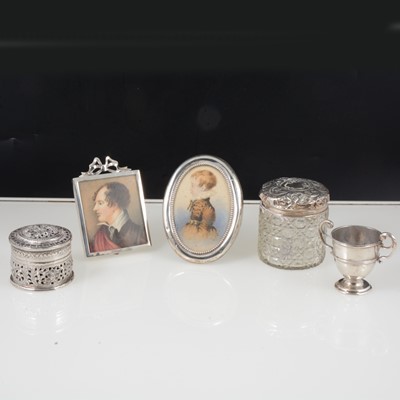 Lot 295 - Miniatures in silver frames, and other small silver and white metal items.