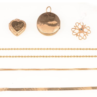 Lot 311 - Gold and yellow metal jewellery, chains, locket.