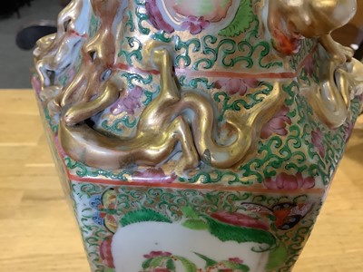 Lot 112 - Pair of Cantonese famille rose hexagonal vases.