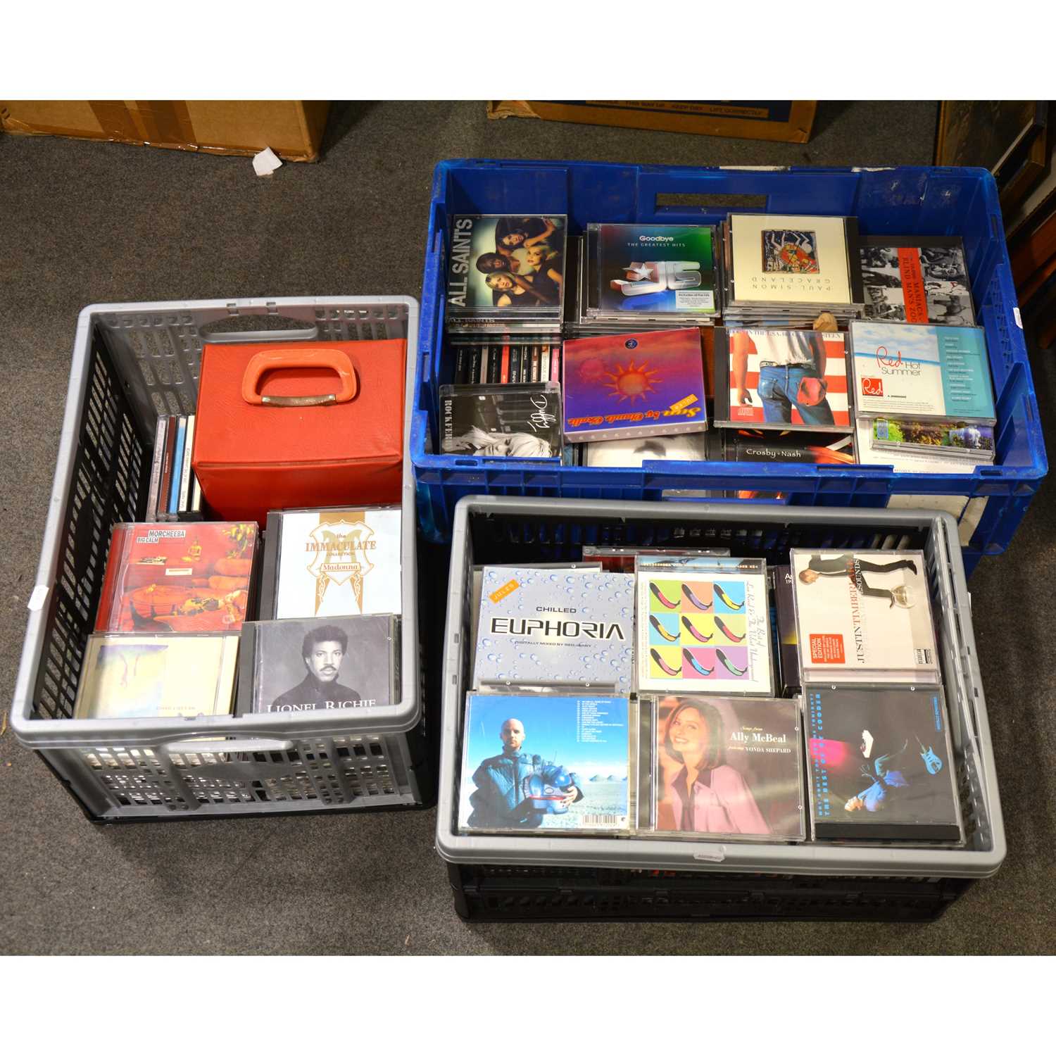 Lot 16 - Three boxes of music CDs, mostly pop, and a small case of 7" vinyl records