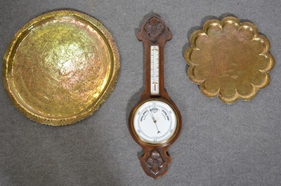 Lot 612 - Oak cased aneroid barometer with thermometer, and two Indian brass trays