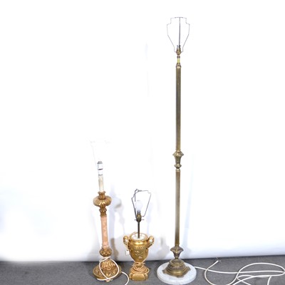 Lot 553 - Brass and marble standard lamp and two table lamps