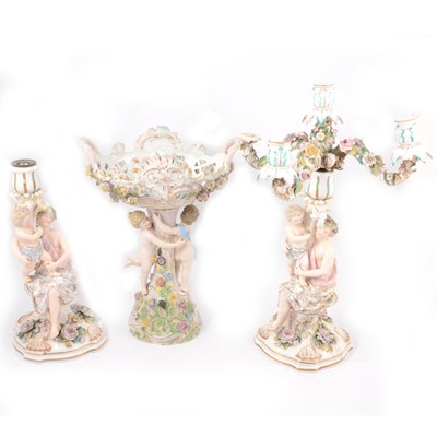 Lot 11 - Pair of Continental porcelain candlesticks and a similar table centre