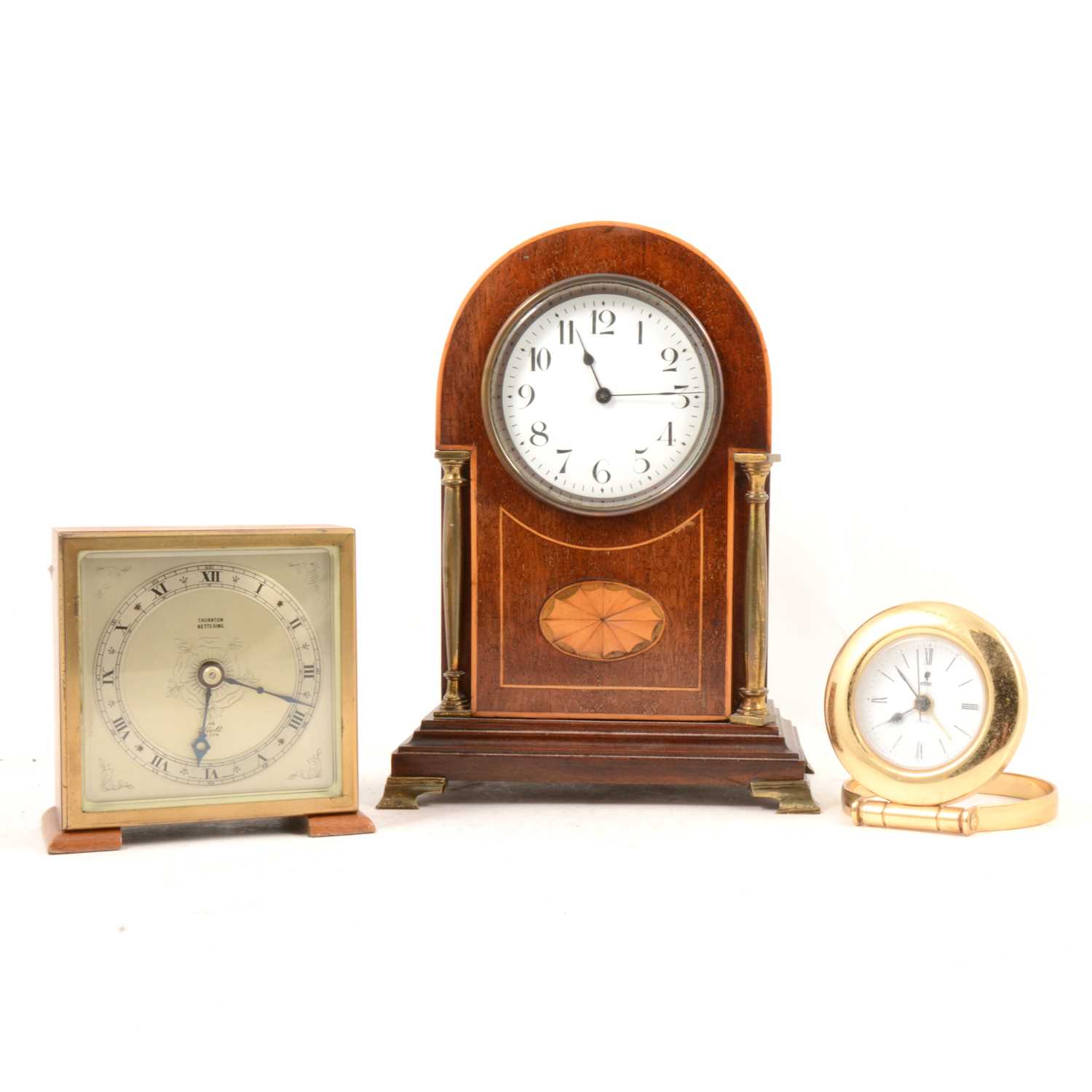 Lot 140 - Edwardian inlaid mahogany mantel clock, Elliott mantel clock and a quartz clock
