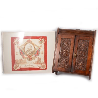 Lot 129 - Edwardian oak smoker's cabinet and a framed Edward VII handkerchief