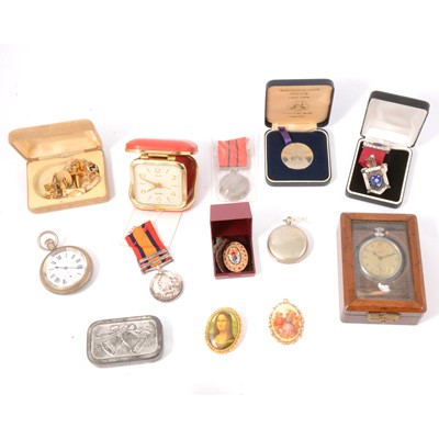 Lot 134 - Queens South Africa medal, other medals and badges, pocket watches, etc.