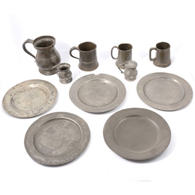 Lot 108 - Pewter plates, tankards and jugs.