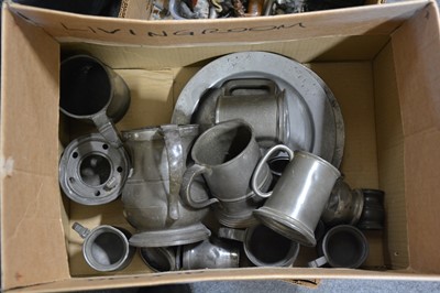 Lot 108 - Pewter plates, tankards and jugs.