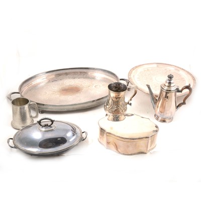 Lot 261 - Silver-plated gallery tray, Elkington coffee pot, embossed tankard, entree dish etc