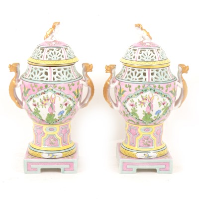 Lot 84 - Pair of Dreseden porcelain Chinese-style covered vases, late 20th Century.