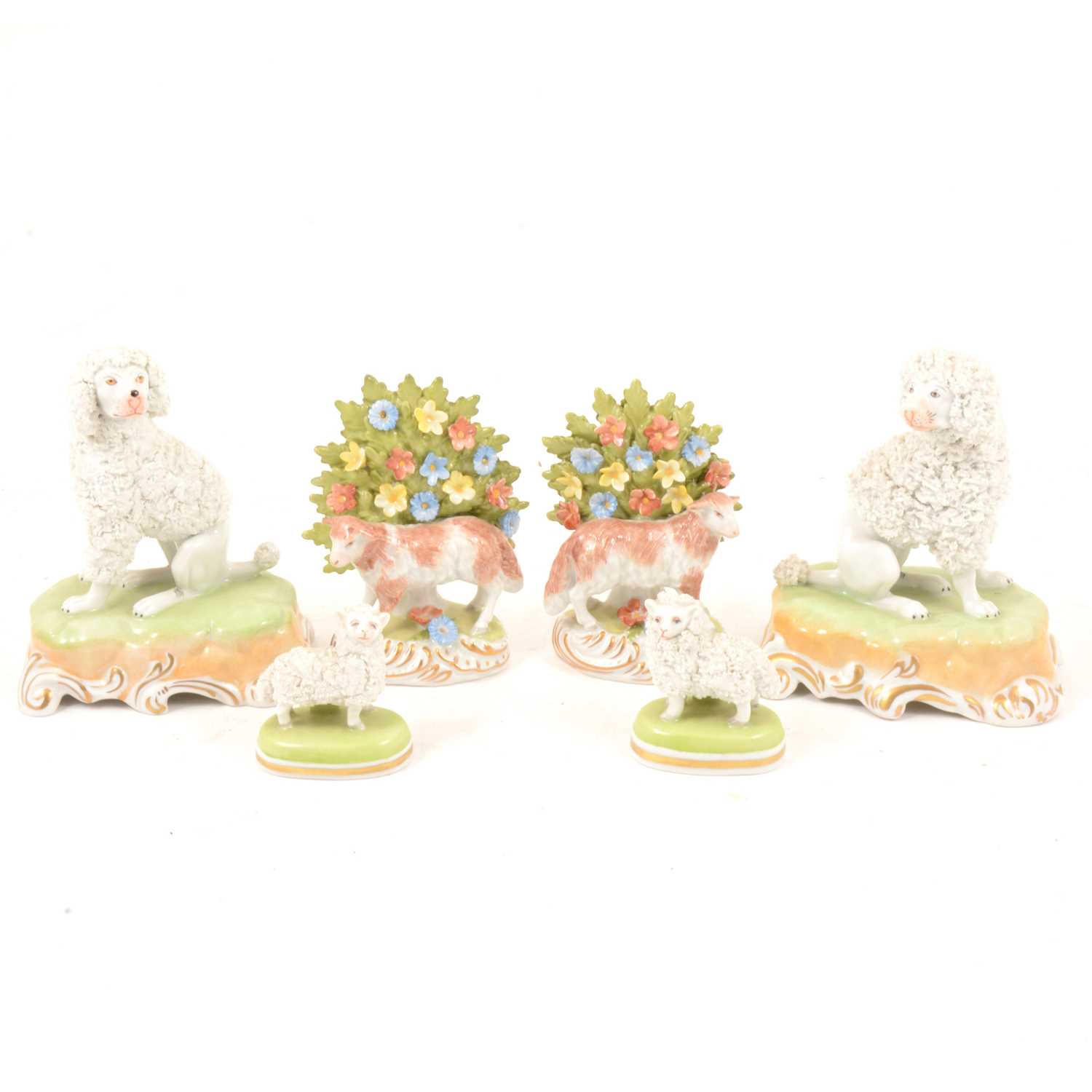 Lot 86 - Three pairs of Dresden porcelain animals, late 20th Century.