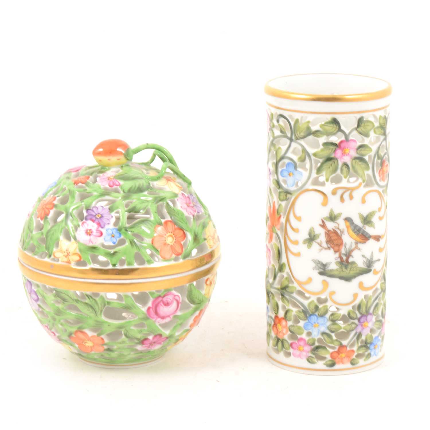 Lot 87 - Two Herend, Hungary, hand-painted porcelain pierced vases.