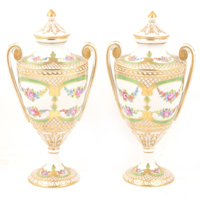Lot 95 - Large pair of Dresden porcelain covered vases, late 20th Century.