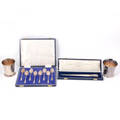 Lot 263 - Two silver beakers, a letter knife and set of teaspoons