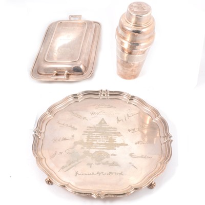 Lot 280 - Masonic interest - A silver-plated tray and entree dish, presented by the Dorothy Vernon Lodge, and a presentation cocktail shaker.