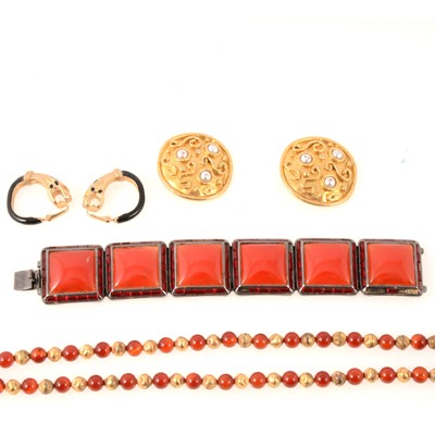 Lot 303 - Modern costume jewellery, Christian Dior, Edouard Ramboud and Stannard earclips, bead necklaces.