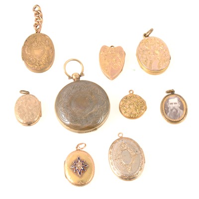 Lot 297 - Nine Victorian and later yellow metal lockets, back & front and metal.