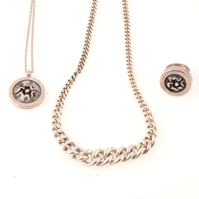 Lot 307 - Heavy silver graduated curb link necklace, matching 1970's pendant and ring.
