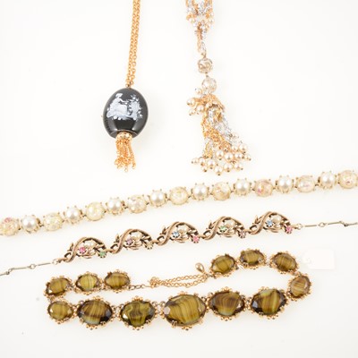 Lot 333 - Twevle vintage necklaces with simulated stones, gilt Trifari necklace, pomander pendant.