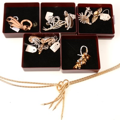 Lot 327 - Vintage gold silver tone jewellery, brooches, earrings, Kigu, Mazer, Grosse 1961 necklace.