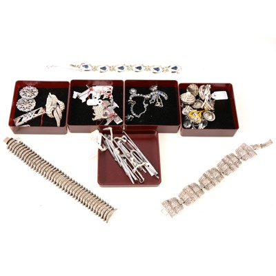 Lot 332 - Vintage white metal jewellery set with paste, marcasite, bracelets, earrings, brooches.