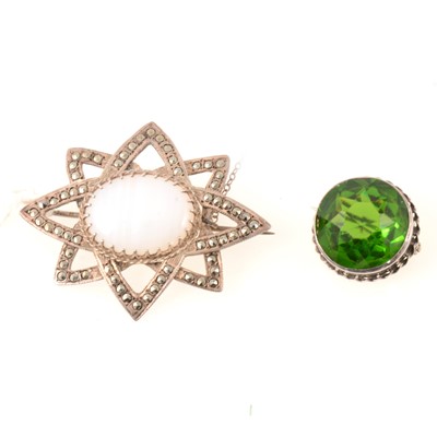 Lot 308 - A silver and green paste brooch by Charles Horner, Chester 1914, a metal agate and marcasite brooch.