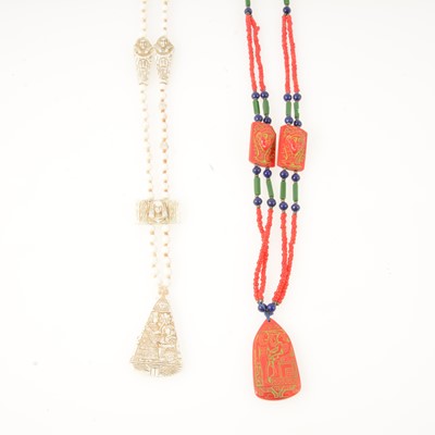 Lot 346 - Two Egyptian Revival pressed glass bead sautoir necklaces, Tutankhamun inspired