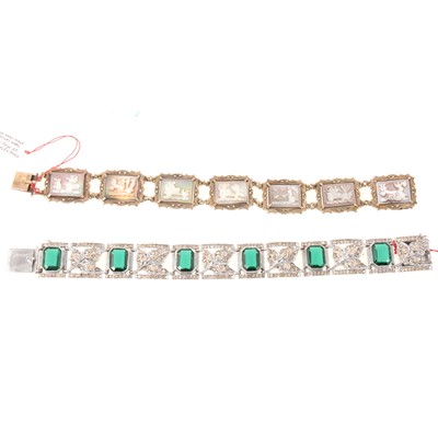 Lot 348 - Two paste and mother-of-pearl set panel bracelets, testing as silver and low grade.