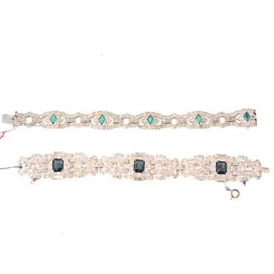 Lot 349 - Two rhodium plated paste set panel bracelets, faux sapphire and emerald.