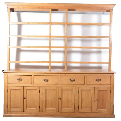 Lot 553 - Large pine kitchen dresser, with rack.