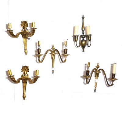 Lot 505 - Modern brass three light chandelier and various wall lights