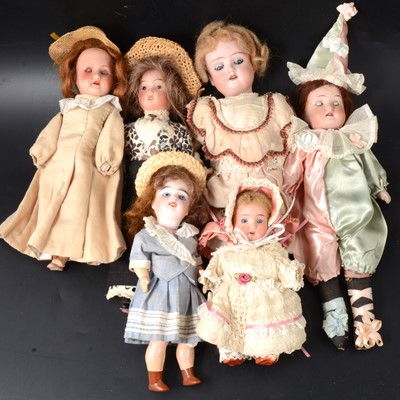 Lot 376 - Six small early 20th-century bisque and composition head dolls