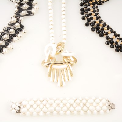 Lot 306 - Vintage black and white themed costume jewellery necklaces, Ermani Bullatti Deco style brooch.