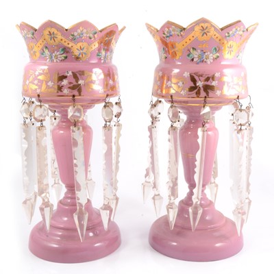 Lot 17 - Pair of Victorian pink glass lustres.