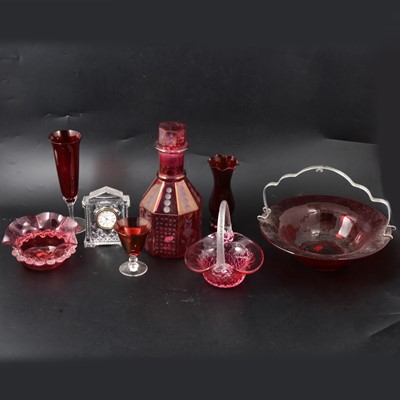 Lot 22 - Cranberry glassware and a Waterford Crystal clock.