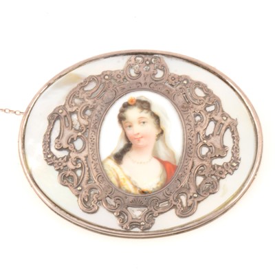 Lot 244 - Large oval brooch with portrait miniature, Walter Jones of Sloane St. box not the original.