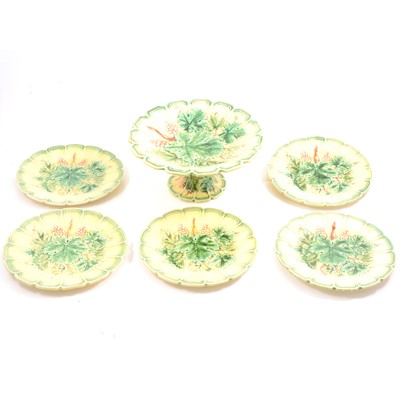Lot 24 - French Sarreguemines Majolica 'Grape and Vine' comport and plates.