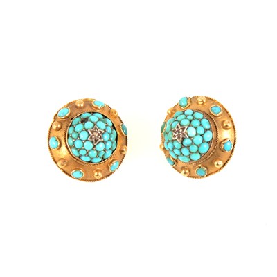 Lot 86 - A pair of yellow metal domed target design earclips set with turquoise.