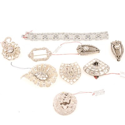 Lot 265 - 1930's/1950's clear paste set costume jewellery, panel bracelet, brooches, clips.