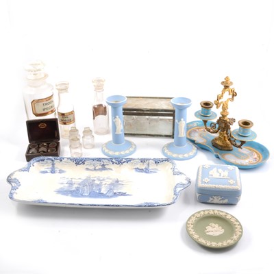 Lot 16 - French porcelain and gilt candelabra centre-piece, Victorian medicine bottles, etc