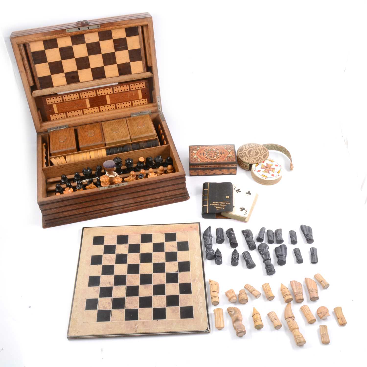 Lot 138 - Victorian cartonpierre mounted leather chessboard by Leuchars, and other games.