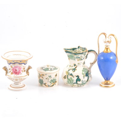 Lot 12 - Derby style campagna-style urn, vase-shape ewer and Masons 'Chartreuse' pattern items.