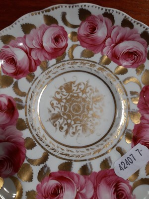 Lot 27 - Pair of Davenport bone china dessert plates, Spode dessert plate and Derby Rose tea wares.