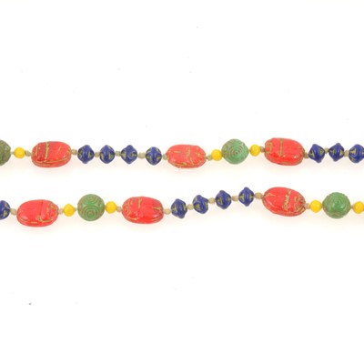 Lot 293 - Egyptian Revival pressed glass scarab bead necklace, multi coloured, circa 1920.