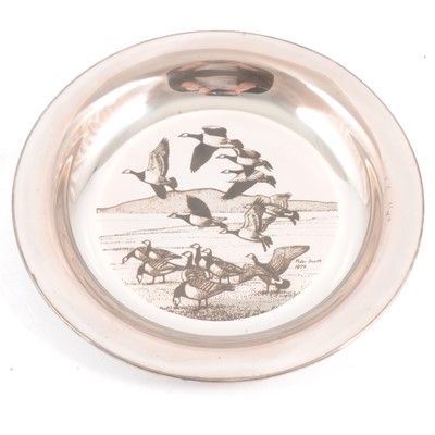 Lot 178 - Silver 'Barnacle Geese over the Solway' plate, John Pinches, London 1974.