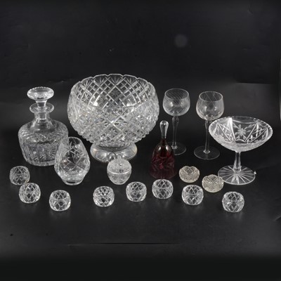 Lot 19 - Waterford crystal pedestal rose bowl, Webb Corbett mallet-shape decanter and other glassware.