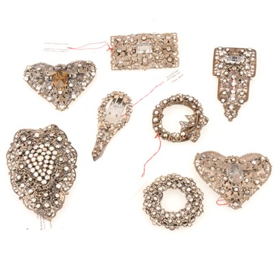 Lot 271 - Seven white metal antique style dress clip set with mirrored clear paste one brooch.